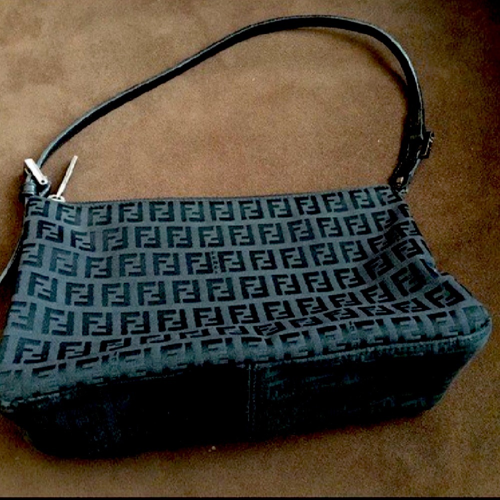 Authentic Fendi Black Zucchino Canvas Shoulder Bag